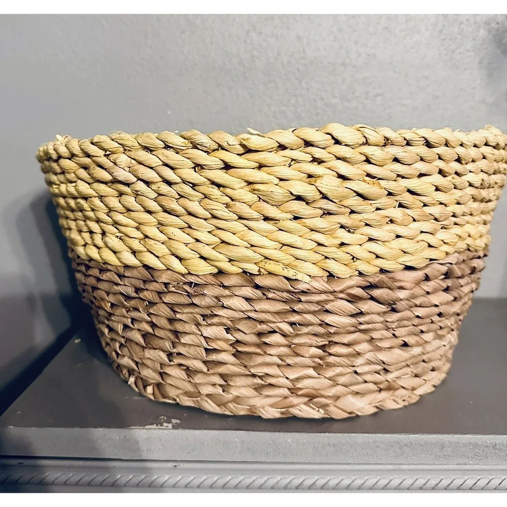 Two Tone Woven Seagrass Basket Round Braided Storage Boho Home Decor 12 Inch